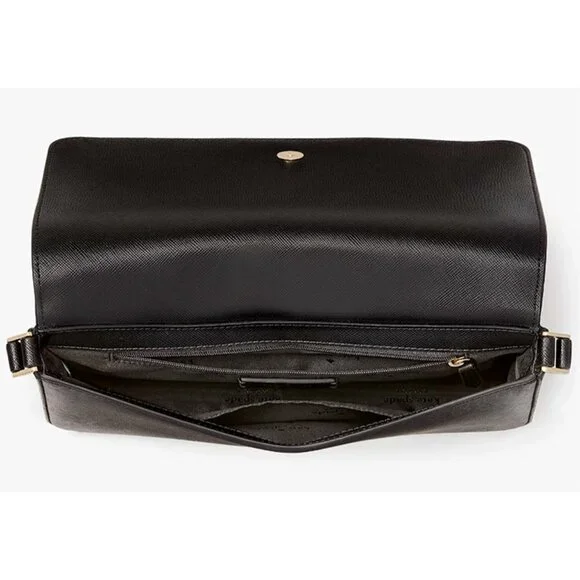 S Kate Spade Staci Black Saffiano Leather Flap Shoulder Bag Purse KF371 NWT